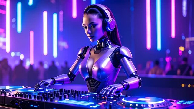 Futuristic robot DJ with headphones plays music on turntables in a vibrant nightclub with neon lights