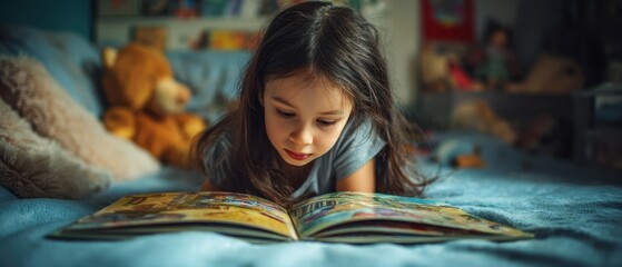 The girl reading a colorful picture book on a cozy bedroom bed