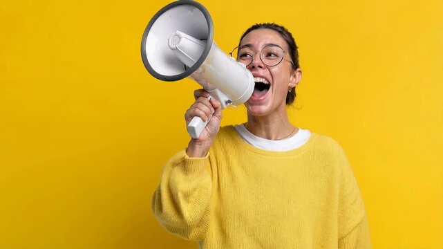 Young woman shouting passionately through megaphone on bright yellow background demonstrating confidence initiative and dynamic communication skills