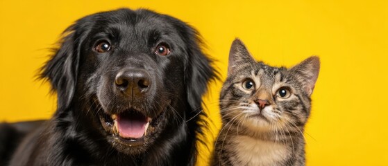 The black dog and tabby cat smiling together against a bright yellow backdrop