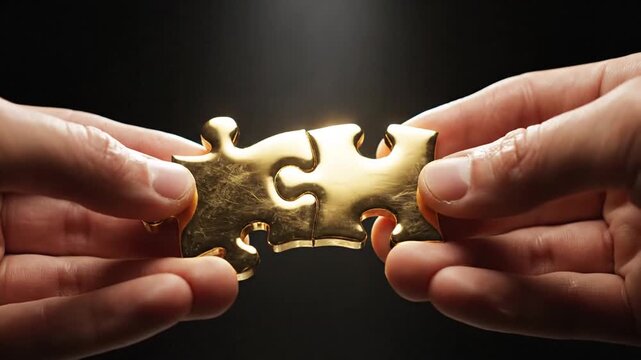 golden puzzle pieces connecting hands, teamwork concept