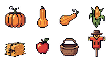 Autumn harvest pixel art: pumpkins, corn, apples, and more