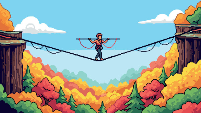 Pixel art tightrope walker over autumn forest