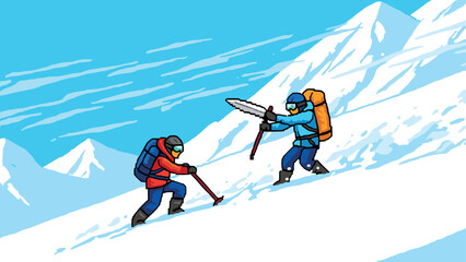 Pixel art adventure: climbers conquering snowy mountain summit