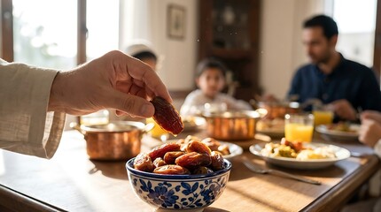 Family gathers at dining table with dates for iftar