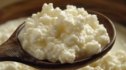 Close up of fresh kefir grains on wooden spoon a probiotic powerhouse for health benefits