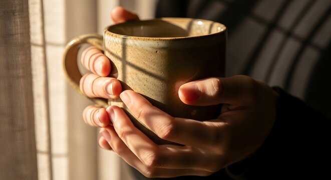 Hands warmly embrace a ceramic mug bathed in soft window light