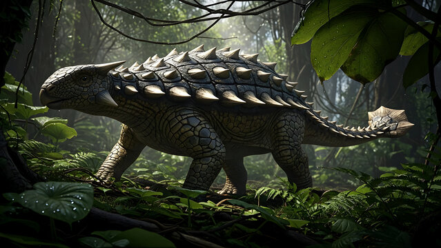Ankylosaurus dinosaur walking through lush prehistoric jungle, ancient reptile with armor and tail club, primeval forest environment, detailed 3D rendering, extinct creature in its natural habitat.