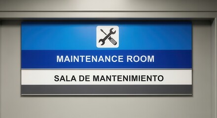 Maintenance Room Signage in Modern Office Featuring Bilingual English and Spanish Labeling
