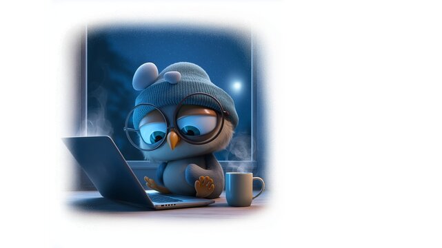 Nachteule mit Brille am Laptop in der Nacht Cartoon Zeichnung