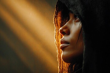 Dramatic Light Reveals a Contemplative Figure in a Shadowy Setting Generative AI