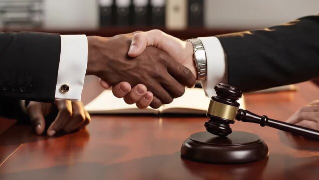 Two people shaking hands with a gavel on a law office desk representing legal agreement