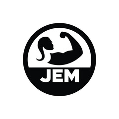 Strong woman flexing arm in circular emblem