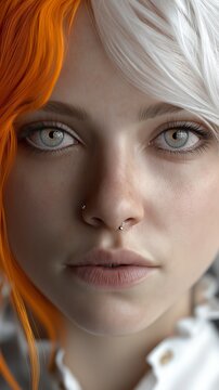 Frau mit orange-wei&szlig;em Haar und Nasenpiercing