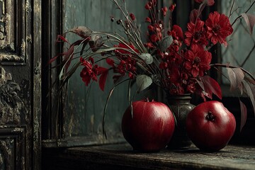 Vibrant Red Pomegranates Nestled Beside a Charming Floral Arrangement Generative AI