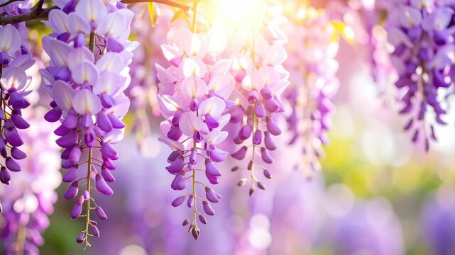 Hanging clusters of purple wisteria flowers illuminated by warm sunlight, soft focus background