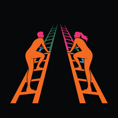 Man and woman climbing ladders toward light, teamwork, competition, career growth, success © MOHAMMAD