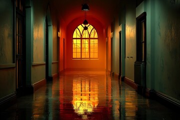 Shadows Dance in a Corridor Kissed by Warm Golden Light at Dusk Generative AI