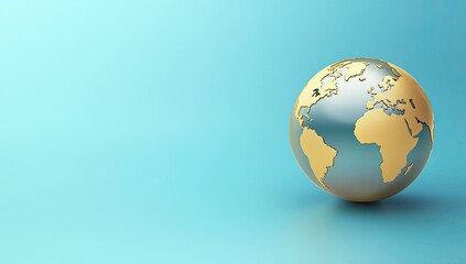 Fototapeta premium Rendered earth globe featuring golden continents and reflective blue oceans, resting on a pastel blue background with ample space for text or graphics