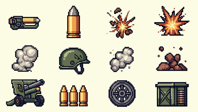Retro pixel art military icons with ammo, explosion, and helmet