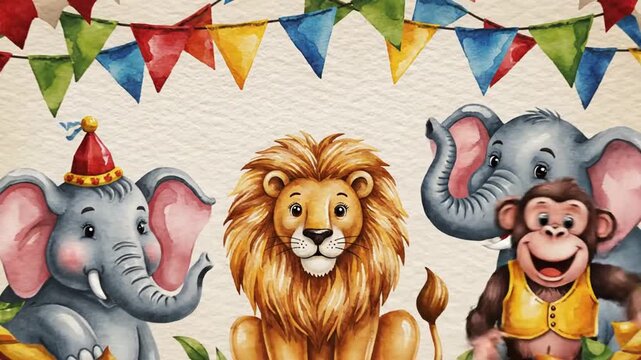 circus animals illustration, elephant, lion, monkey, party, colorful