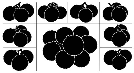Silhouette of multiple clusters of blackberries on white background illustration of various berry arrangements
