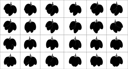 Black silhouettes of various pumpkins arranged in a grid pattern on white background for design and decoration purposes