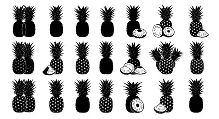 Black and white pineapple icons whole and sliced arranged in rows on a plain background for food design