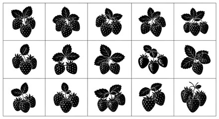Blackberry illustrations in 16 square grid fruit icons berry clipart black and white