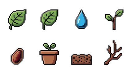 Pixel art nature elements: leaves, water drop, and plant icons in 8-bit style