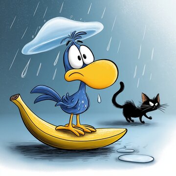Pechvogel &ndash; blauer Cartoon-Vogel im Regen mit Bananenschale und schwarzer Katze