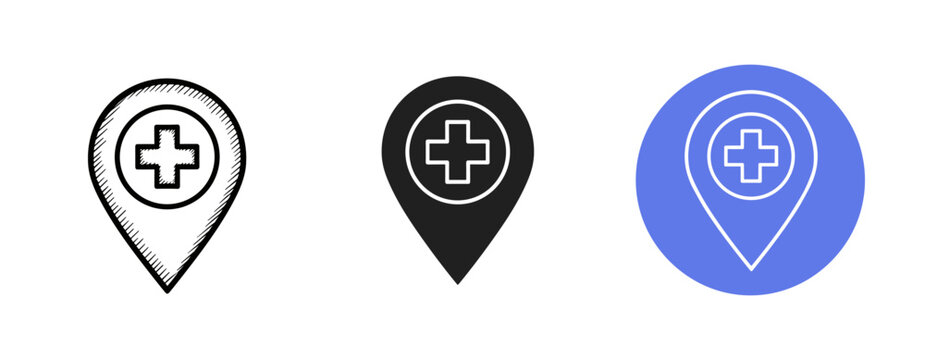 Medical location icons: sketch, solid, and blue variations
