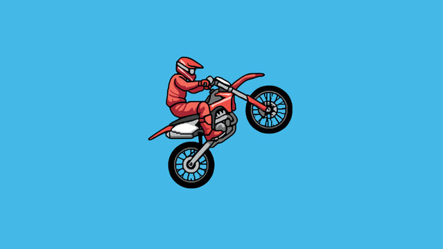 Pixel art motocross rider in mid-air stunt on blue background