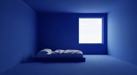A blue room with a bed and a square window
