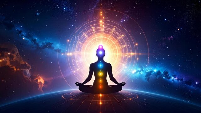 Silhouette of person meditating in lotus pose with glowing chakras against cosmic nebula background