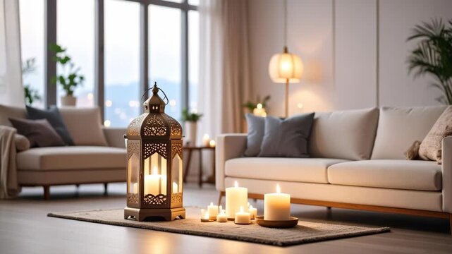 Cozy living room with glowing lanterns and candles on rug near sofas