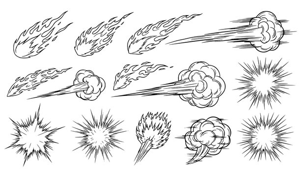 Fire flame manga explosion effect black ink vector set