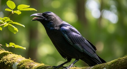 A black bird perched on a mossy branch in a forest