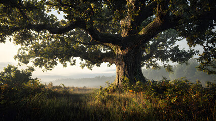 A serene morning landscape featuring pine trees shrouded in misty fog reflecting upon the calm water of a forest lake under a soft spring sky