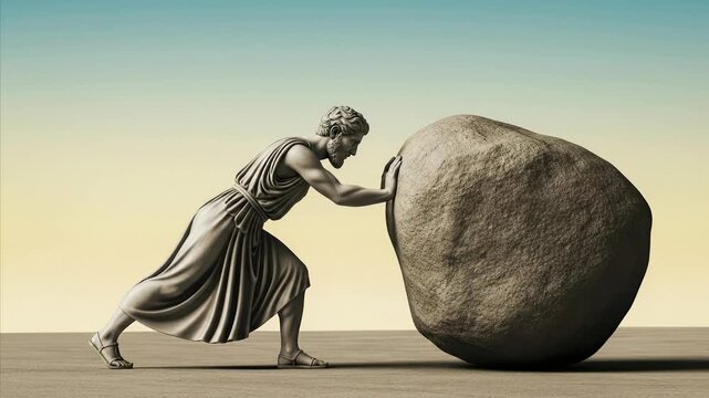 Ancient Greek statue of a man pushing a large boulder uphill, symbolizing effort and struggle.