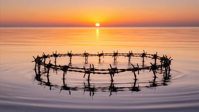 Barbed wire circle on water at sunset, representing freedom or confinement abstract concept