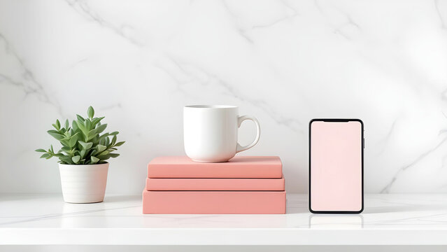 A minimalist workplace mockup features a white mug atop pink books , a smartphone , and a potted succulent against a clean marble wall