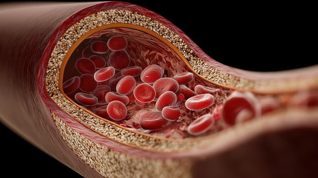 Cross-section of a human artery showing red blood cells flowing through a healthy vessel