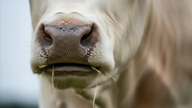 Close-up of a cow chewing grass in a field, rural life, agriculture, farm animal