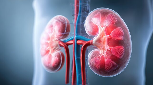 Detailed 3D rendering of human kidneys with visible blood vessels and internal structures