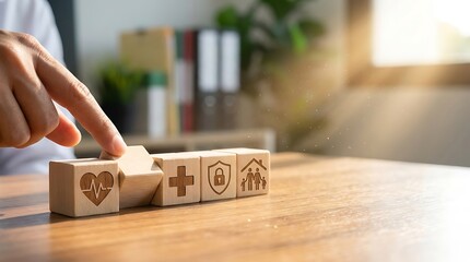 Hand Arranging Wooden Blocks with Health Symbols.