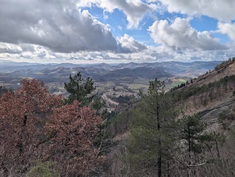 Panorama montano con una valle sinuosa che si perde tra colline e rilievi distanti. In primo piano si vedono alberi spogli e arbusti tipici della stagione invernale