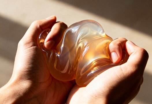 Hands squeezing translucent amber jelly texture. Close up of honey colored slime for stress relief and sensory play. Tactile viscous substance in sunlight