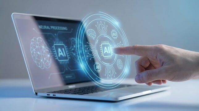 Artificial Intelligence Interface on Laptop Screen with Finger Interaction.