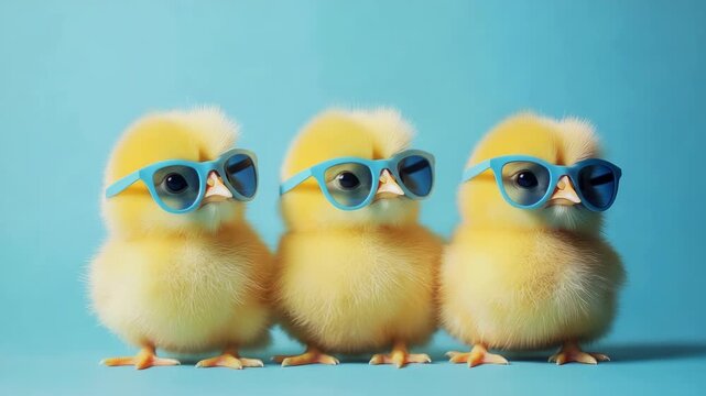 Funny yellow chicks wearing blue sunglasses on a bright blue background. Humorous Easter meme and festive banner with copy space for text, perfect for greeting cards and seasonal designs.